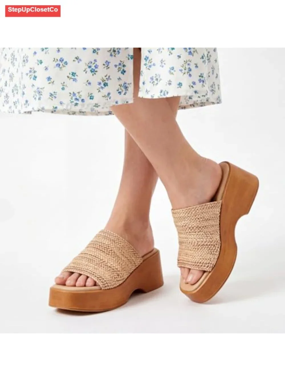 Raffia Platform Wedge Sandals Women Slip On Open Toe Summer Beach
